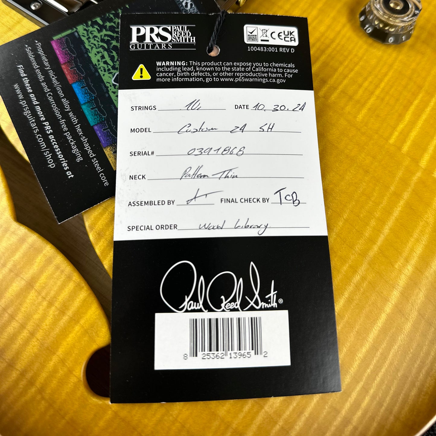 PRS Wood Library Custom 24 Semi-Hollow Flame Maple 10 Top, Korina Back, Torrified Maple Neck, Ziricote FB - Livingston Lemondrop Satin 391868