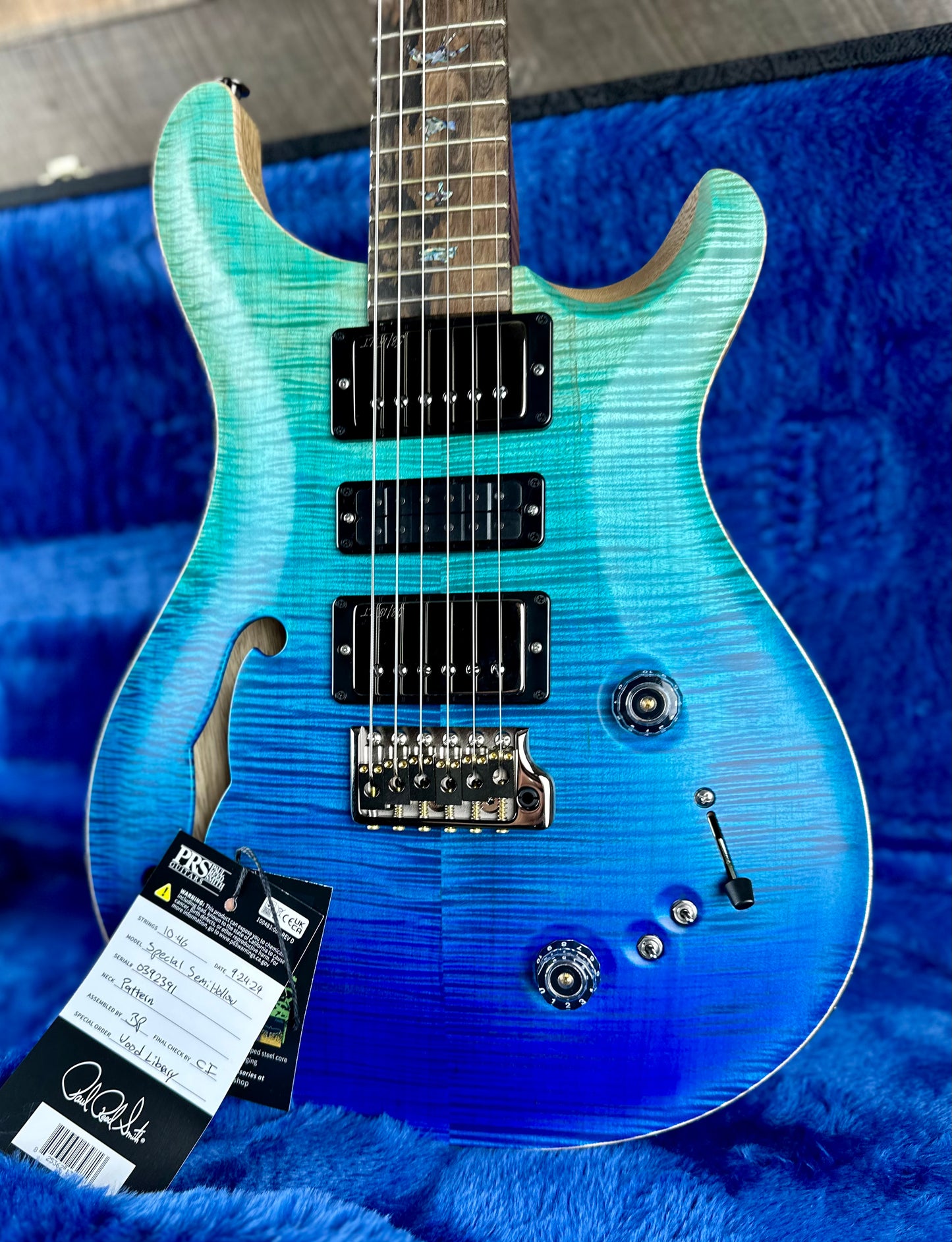 PRS Wood Library Special 22 Semi-Hollow - Flame Maple 10 Top Korina Back, Ziricote FB - Blue Fade Satin 392391