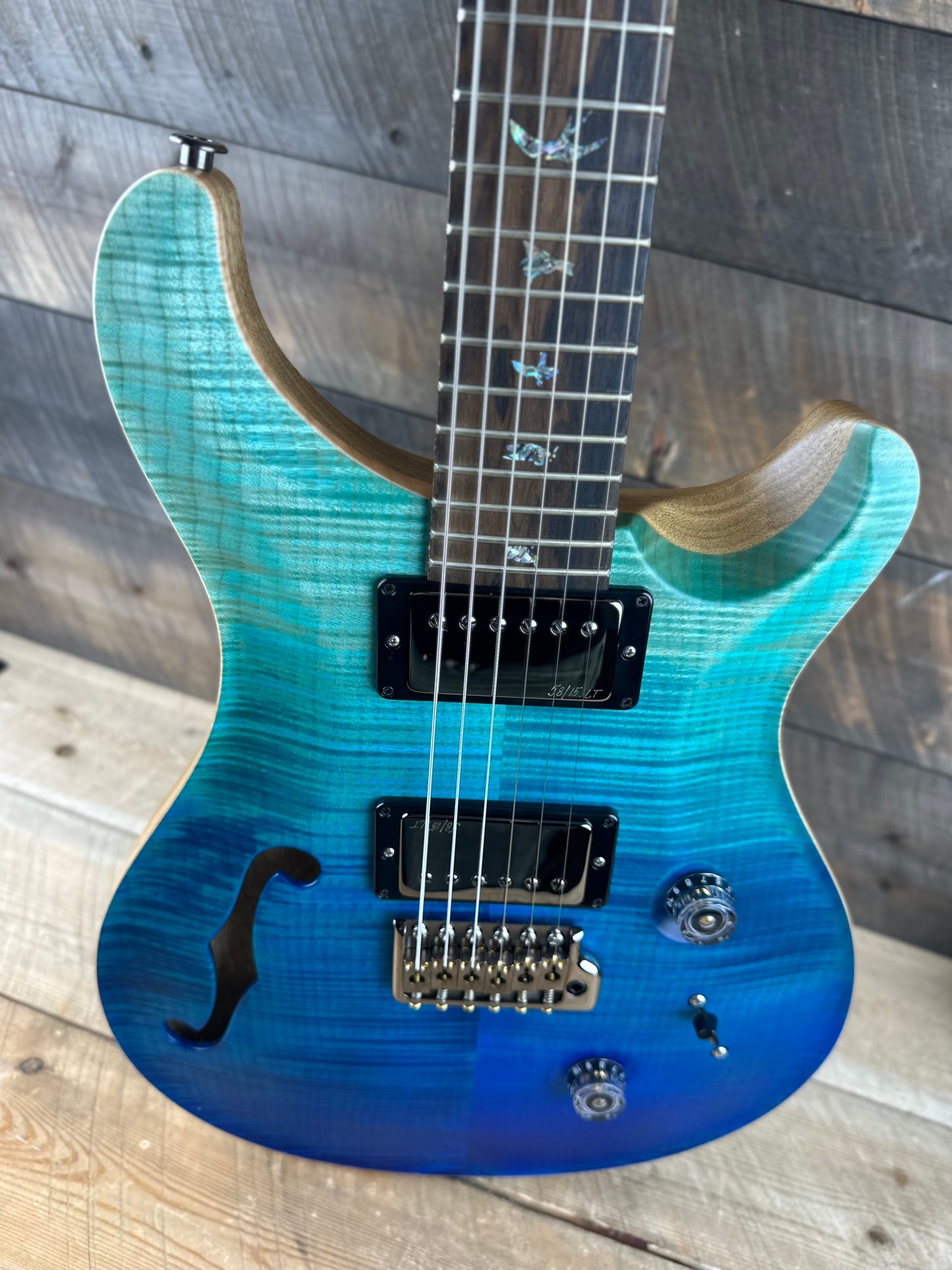 PRS Wood Library Custom 24 Semi-Hollow Flame Maple 10 Top, Korina Back, Torrified Maple Neck, Ziricote FB - Blue Fade 391867