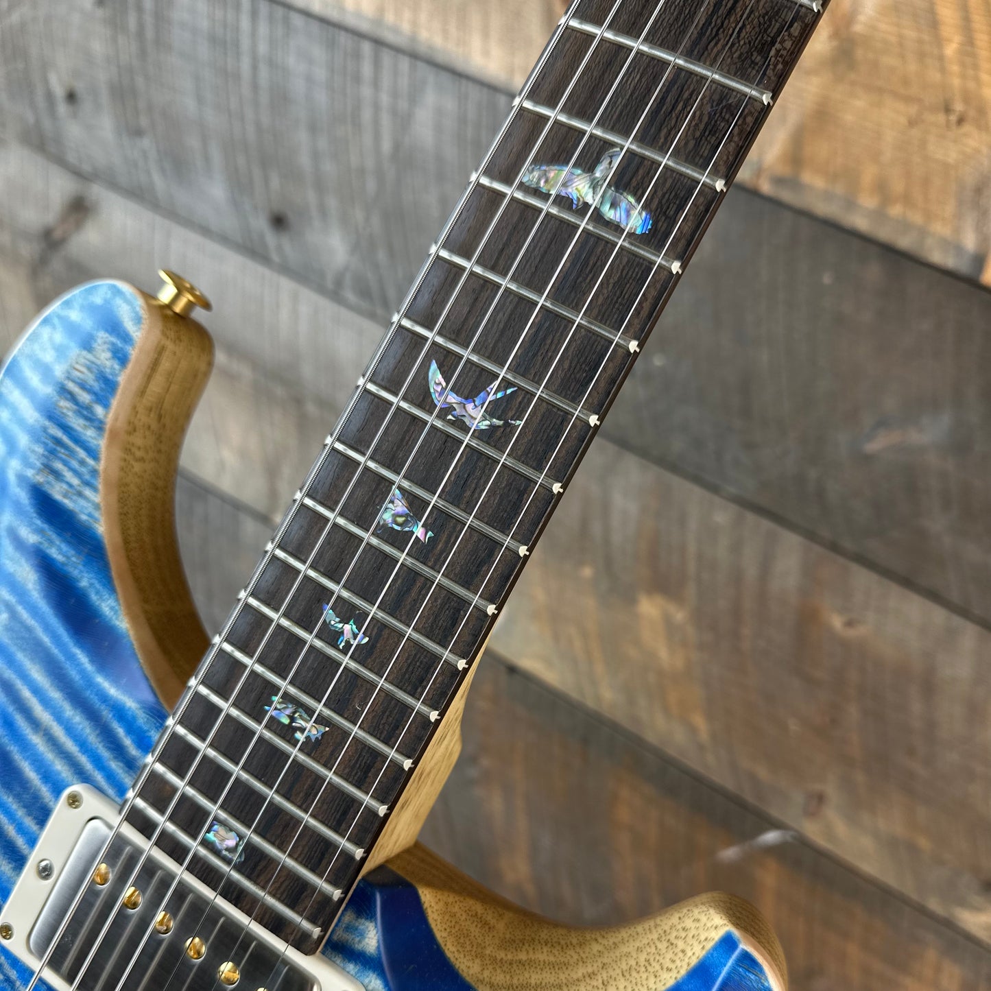 PRS Wood Library Custom 24 Flame Maple 10 Top, Korina Neck, Ziricote FB - Faded Blue Jean Satin 391896