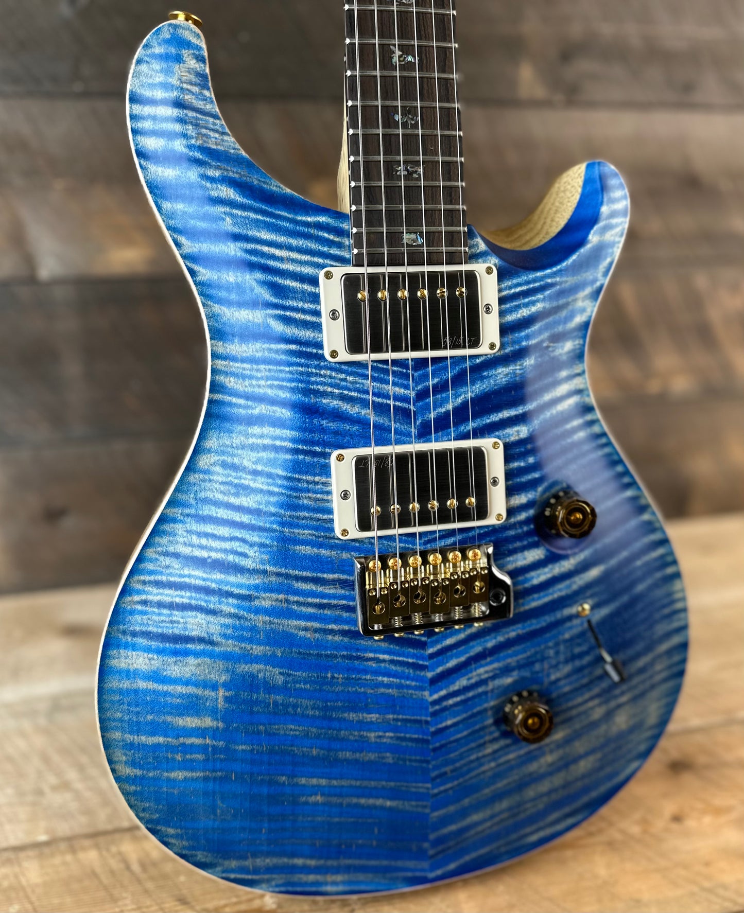 PRS Wood Library Custom 24 Flame Maple 10 Top, Korina Neck, Ziricote FB - Faded Blue Jean Satin 391896