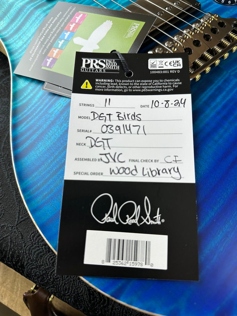 PRS DGT David Grissom Signature Wood Library Flame Maple 10 Top, Korina Back/Neck, Ebony FB -  Blue Fade Satin 391471