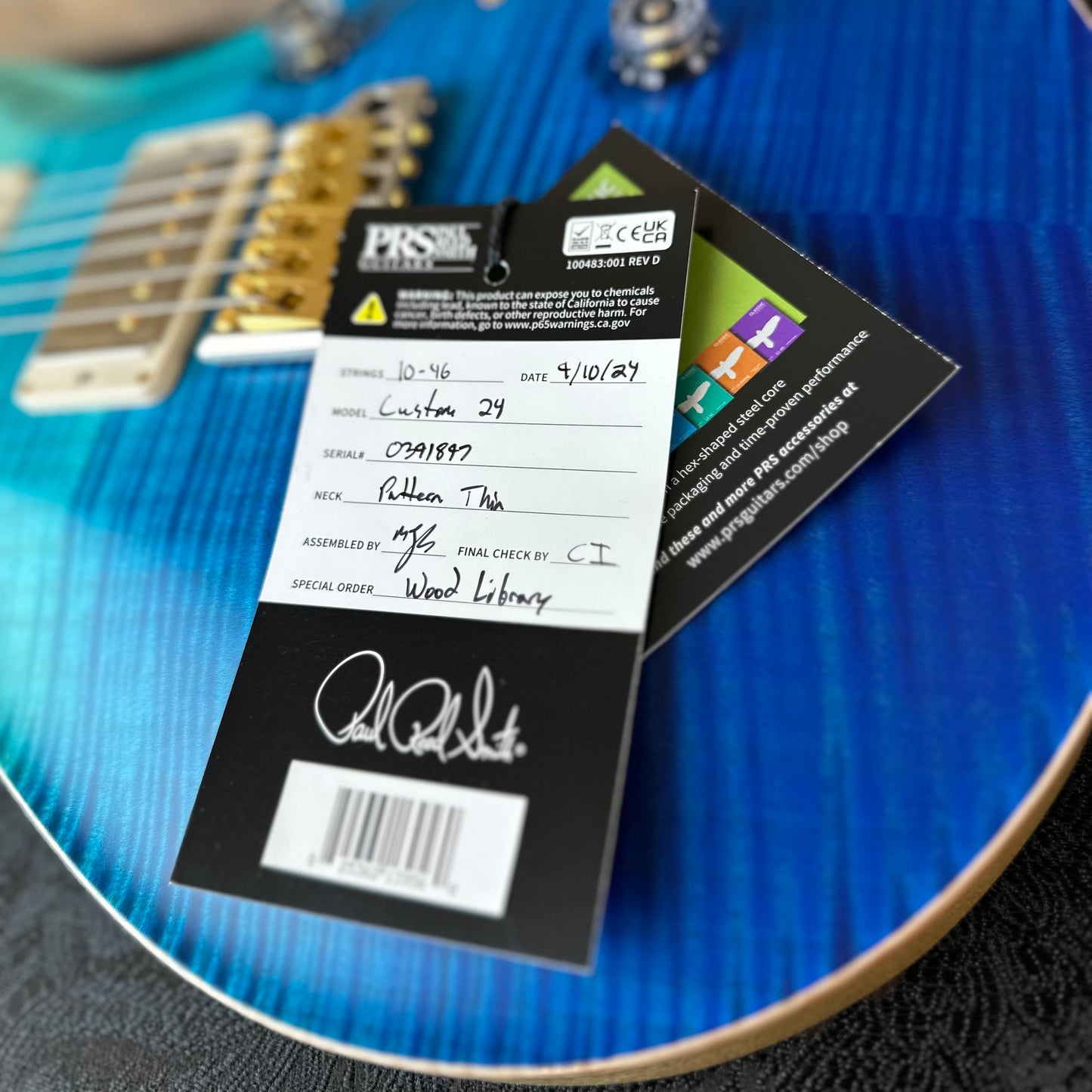 PRS Wood Library Custom 24 Flame Maple 10 Top, Korina Neck, Ziricote FB - Blue Fade Satin 391897