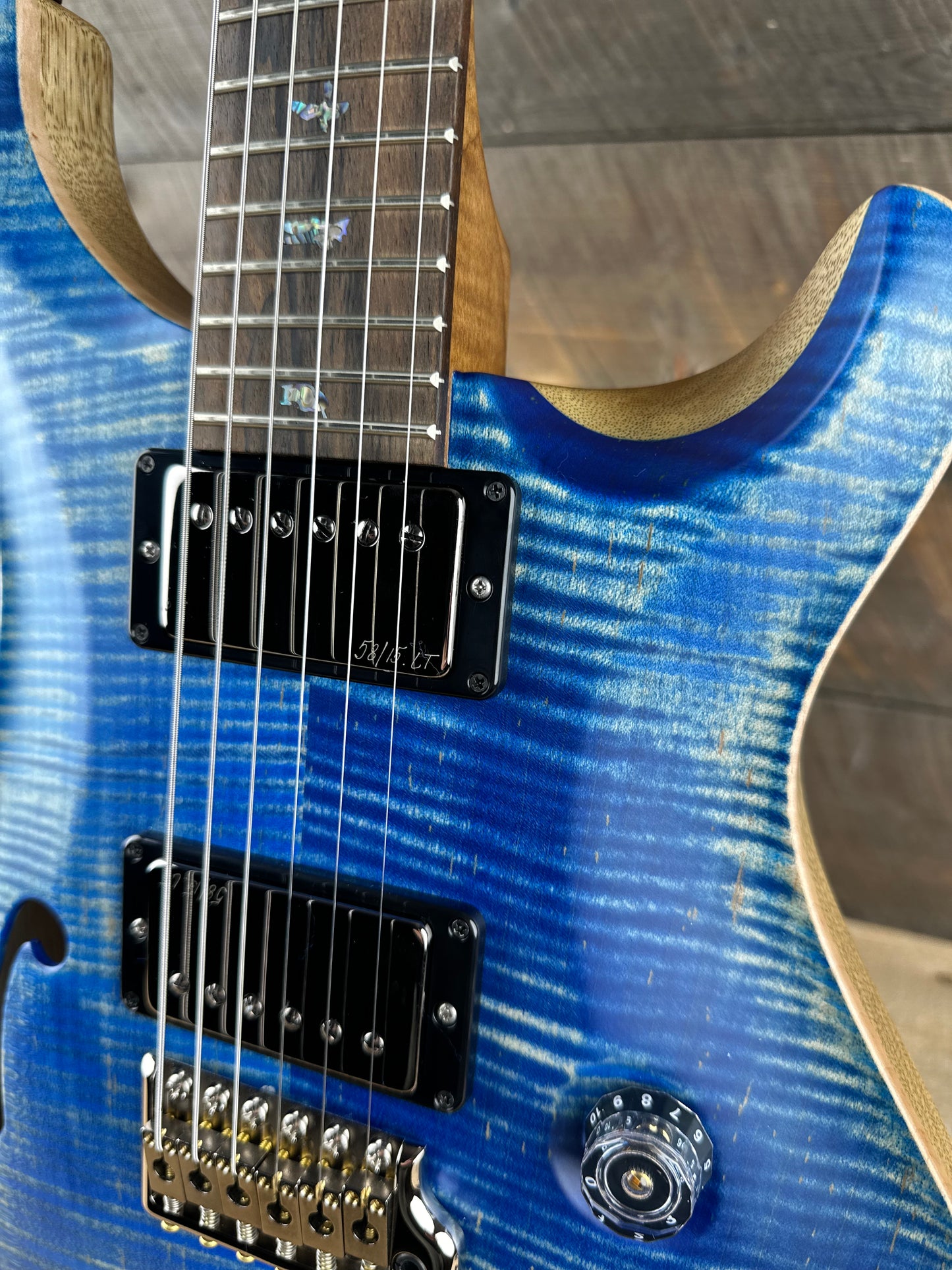 PRS Wood Library Custom 24 Semi-Hollow Flame Maple 10 Top, Korina Back, Torrified Maple Neck, Ziricote FB - Faded Blue Jean 391861