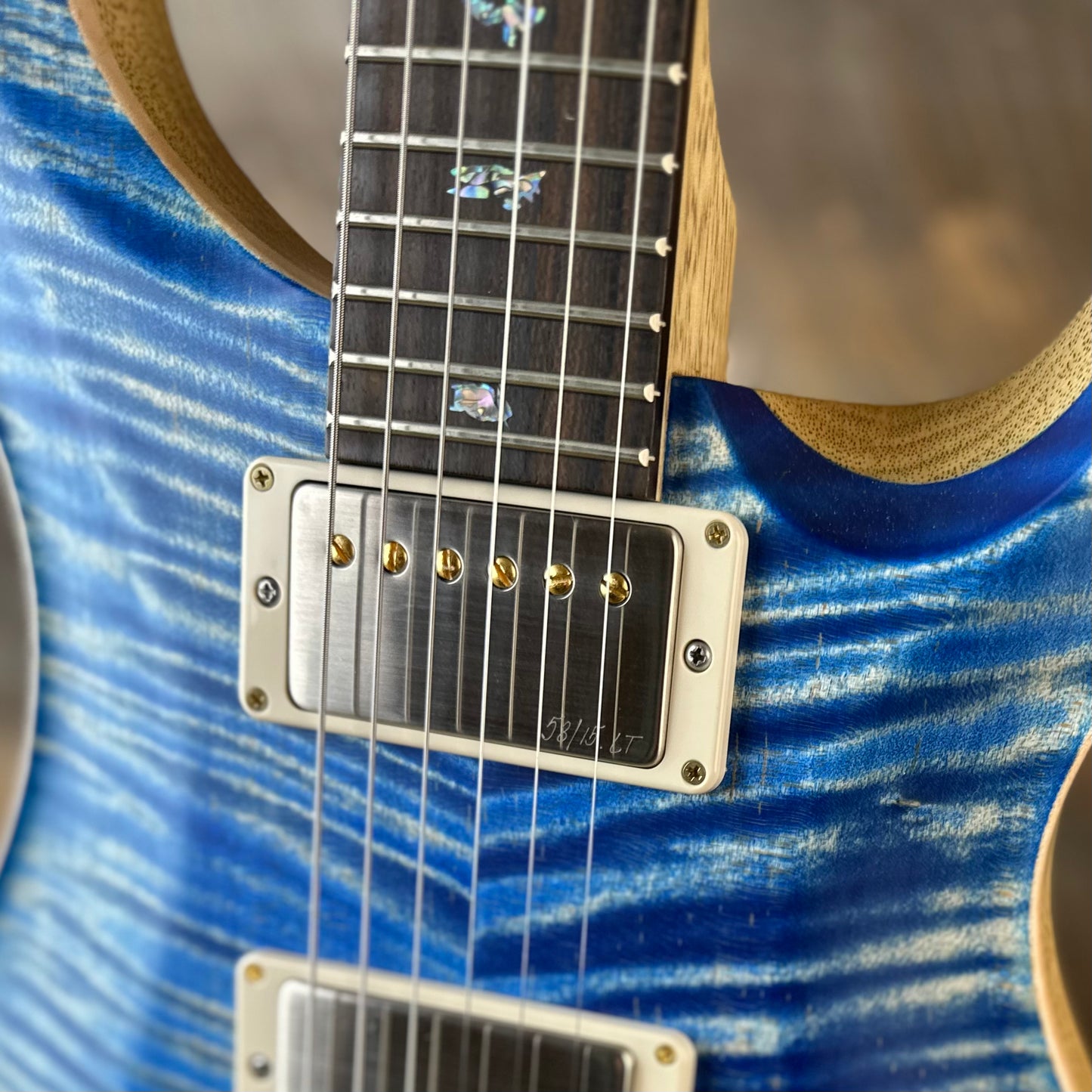 PRS Wood Library Custom 24 Flame Maple 10 Top, Korina Neck, Ziricote FB - Faded Blue Jean Satin 391896