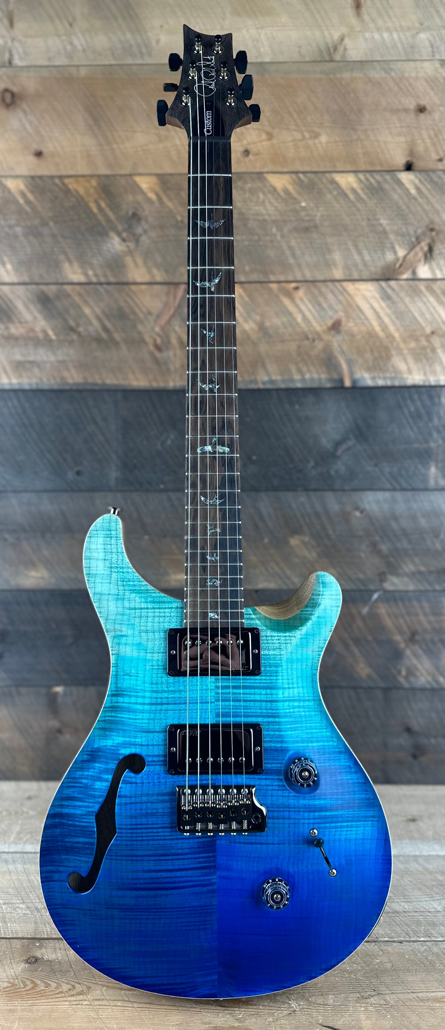 PRS Wood Library Custom 24 Semi-Hollow Flame Maple 10 Top, Korina Back, Torrified Maple Neck, Ziricote FB - Blue Fade 391867