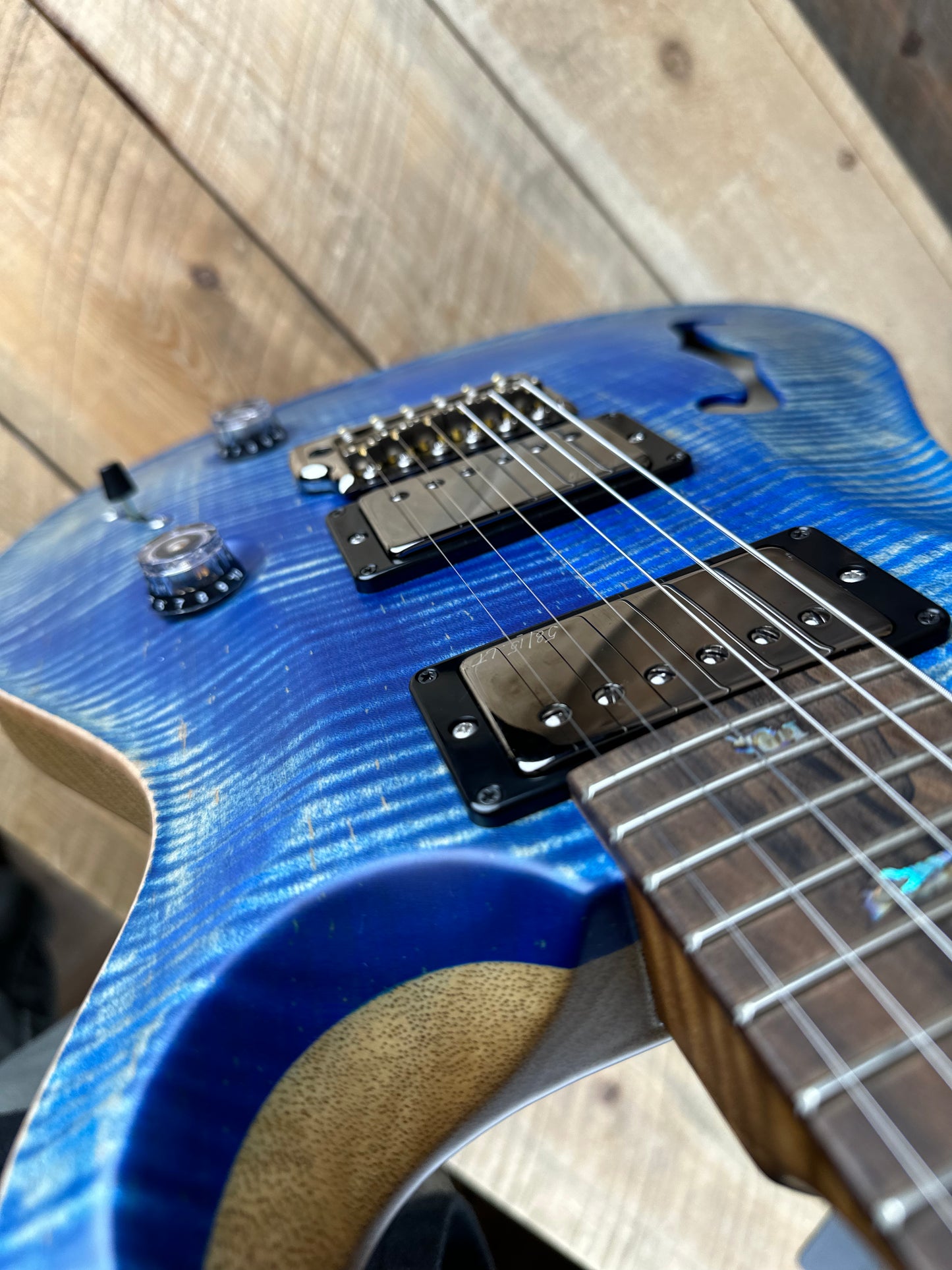 PRS Wood Library Custom 24 Semi-Hollow Flame Maple 10 Top, Korina Back, Torrified Maple Neck, Ziricote FB - Faded Blue Jean 391861